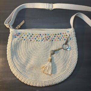 The Sak Beige Crochet Crossbody Bag with Colorful Accents